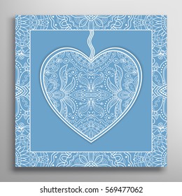 Card or Invitation with ornate lace Heart and frame. Openwork filigree template for Wedding, Bridal, Valentine's day, greeting cards or Birthday Invitations. Abstract line pattern, heart background