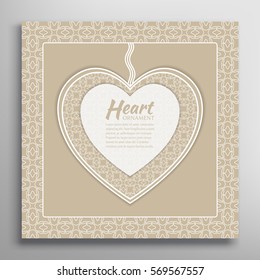Card or Invitation with ornate lace Heart and frame. Openwork filigree template for Wedding, Bridal, Valentine's day, greeting cards or Birthday Invitations. Abstract line pattern, heart background