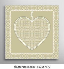 Card or Invitation with ornate lace Heart and frame. Openwork filigree template for Wedding, Bridal, Valentine's day, greeting cards or Birthday Invitations. Abstract line pattern, heart background