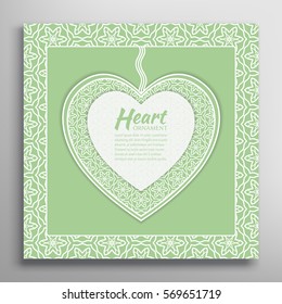 Card or Invitation with ornate lace Heart and frame. Openwork filigree template for Wedding, Bridal, Valentine's day, greeting cards or Birthday Invitations. Abstract line pattern, heart background
