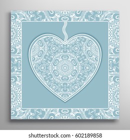 Card or Invitation with ornate lace Heart and frame. Openwork filigree template for Wedding, Bridal, Valentine's day, greeting cards or Birthday Invitations. Abstract line pattern, heart background