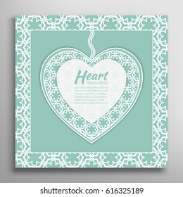 Card or Invitation with ornate lace Heart and frame. Openwork filigree template for Wedding, Bridal, Valentine's day, greeting cards or Birthday Invitations. Abstract line pattern, heart background