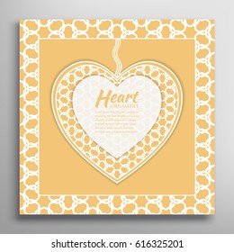 Card or Invitation with ornate lace Heart and frame. Openwork filigree template for Wedding, Bridal, Valentine's day, greeting cards or Birthday Invitations. Abstract line pattern, heart background