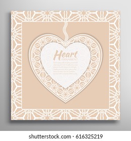 Card or Invitation with ornate lace Heart and frame. Openwork filigree template for Wedding, Bridal, Valentine's day, greeting cards or Birthday Invitations. Abstract line pattern, heart background