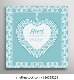 Card or Invitation with ornate lace Heart and frame. Openwork filigree template for Wedding, Bridal, Valentine's day, greeting cards or Birthday Invitations. Abstract line pattern, heart background