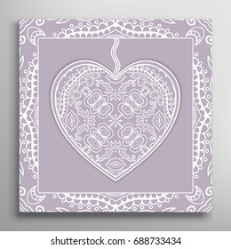Card or Invitation with ornate lace Heart and frame. Openwork filigree template for Wedding, Bridal, Valentine's day, greeting cards or Birthday Invitations. Abstract line pattern, heart background