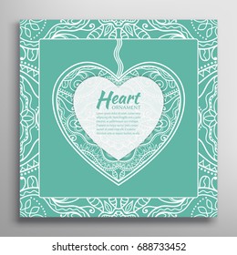 Card or Invitation with ornate lace Heart and frame. Openwork filigree template for Wedding, Bridal, Valentine's day, greeting cards or Birthday Invitations. Abstract line pattern, heart background