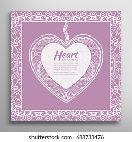 Card or Invitation with ornate lace Heart and frame. Openwork filigree template for Wedding, Bridal, Valentine's day, greeting cards or Birthday Invitations. Abstract line pattern, heart background