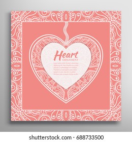 Card or Invitation with ornate lace Heart and frame. Openwork filigree template for Wedding, Bridal, Valentine's day, greeting cards or Birthday Invitations. Abstract line pattern, heart background