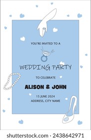 Card invitation to party, wedding day, wedding things, string of pearls, engagement ring, hearts.