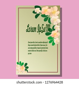 Card, invitation. Pattern of apricot-colored flowers and green leaves, on a green-beige background. Great for making greeting cards, invitations to a birthday, wedding, or other event. 