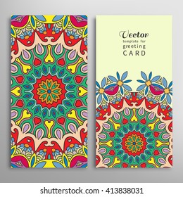 Card or Invitation patterns collection with doodle floral geometric texture for wedding bridal, Valentine's day, greeting cards or birthday invitations, fabric or paper print. Mandala design elements