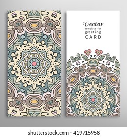 Card or Invitation patterns collection with doodle floral geometric texture for wedding bridal, Valentine's day, greeting cards or birthday invitations, fabric or paper print. Mandala design elements