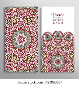 Card or Invitation patterns collection with doodle floral geometric texture for wedding bridal, Valentine's day, greeting cards or birthday invitations, fabric or paper print. Mandala design elements