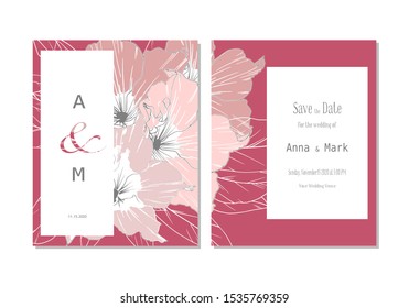 Card invitation with pink flowers on red background