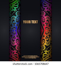 Card or invitation with a rainbow oriental pattern mddaloy. Dark vector with bright curls