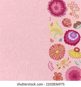 A card or an invitation with right side floral ornamen made of doodle style flowers in pastel colors (lily, aster, daisy, gladiolus, viola) and knitted texture