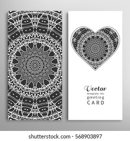 Card or Invitation set. Decorative ornate heart and seamless geometric floral doodle pattern. Black and white template for Wedding, Bridal, Valentine's day, greeting cards or Birthday Invitations.
