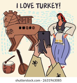 Card, invitation, sightseeing in Turkey, childish style, hand drawn, line drawing, texture. Vector illustration.