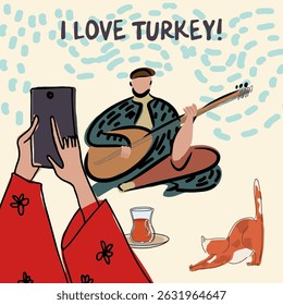 Card, invitation, sightseeing in Turkey, childish style, hand drawn, line drawing, texture. Vector illustration.
