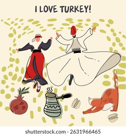 Card, invitation, sightseeing in Turkey, childish style, hand drawn, line drawing, texture. Vector illustration.