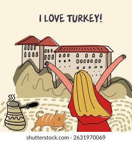 Card, invitation,  sightseeing in Turkey, childish style, hand drawn, line drawing, texture. Vector illustration.