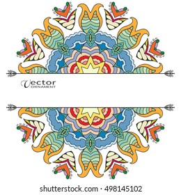 Card or Invitation template with Mandala round ornament elements. Decorative abstract geometric mandala background with place for the text. Ethnic stylized floral decoration, colorful pattern