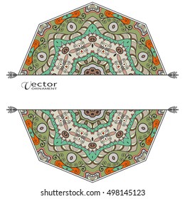 Card or Invitation template with Mandala round ornament elements. Decorative abstract geometric mandala background with place for the text. Ethnic stylized floral decoration, colorful pattern