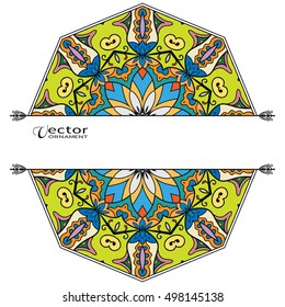 Card or Invitation template with Mandala round ornament elements. Decorative abstract geometric mandala background with place for the text. Ethnic stylized floral decoration, colorful pattern