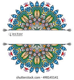 Card or Invitation template with Mandala round ornament elements. Decorative abstract geometric mandala background with place for the text. Ethnic stylized floral decoration, colorful pattern
