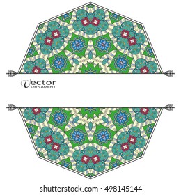 Card or Invitation template with Mandala round ornament elements. Decorative abstract geometric mandala background with place for the text. Ethnic stylized floral decoration, colorful pattern