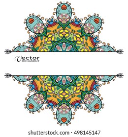 Card or Invitation template with Mandala round ornament elements. Decorative abstract geometric mandala background with place for the text. Ethnic stylized floral decoration, colorful pattern
