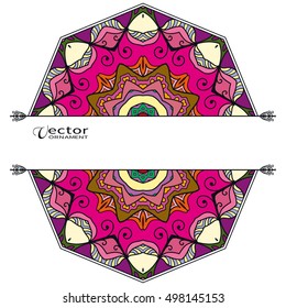 Card or Invitation template with Mandala round ornament elements. Decorative abstract geometric mandala background with place for the text. Ethnic stylized floral decoration, colorful pattern