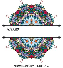 Card or Invitation template with Mandala round ornament elements. Decorative abstract geometric mandala background with place for the text. Ethnic stylized floral decoration, colorful pattern