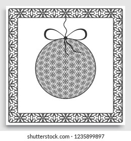 Card or Invitation template with ornate Christmas ball and frame border pattern. New Year decoration. Cut out paper card, abstract geometric decorative background, line pattern.