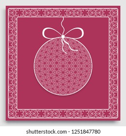 Card or Invitation template with ornate Christmas ball and frame border pattern. New Year decoration. Cut out paper card, abstract geometric decorative background, line pattern.