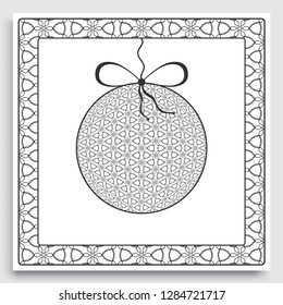 Card or Invitation template with ornate Christmas ball and frame border pattern. New Year decoration. Cut out paper card, abstract geometric decorative background, line pattern.