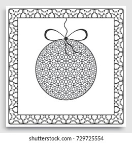 Card or Invitation template with ornate Christmas ball and frame border pattern. New Year decoration. Cut out paper card, abstract geometric decorative background, line pattern.
