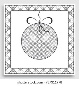 Card or Invitation template with ornate Christmas ball and frame border pattern. New Year decoration. Cut out paper card, abstract geometric decorative background, line pattern.