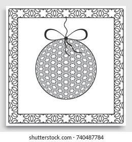 Card or Invitation template with ornate Christmas ball and frame border pattern. New Year decoration. Cut out paper card, abstract geometric decorative background, line pattern.