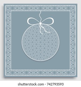 Card or Invitation template with ornate Christmas ball and frame border pattern. New Year decoration. Cut out paper card, abstract geometric decorative background, line pattern.