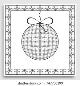 Card or Invitation template with ornate Christmas ball and frame border pattern. New Year decoration. Cut out paper card, abstract geometric decorative background, line pattern.