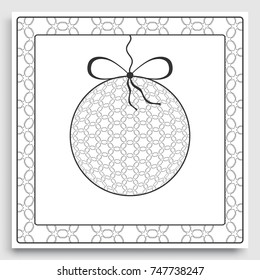 Card or Invitation template with ornate Christmas ball and frame border pattern. New Year decoration. Cut out paper card, abstract geometric decorative background, line pattern.