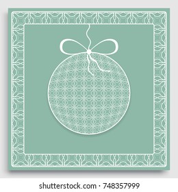 Card or Invitation template with ornate Christmas ball and frame border pattern. New Year decoration. Cut out paper card, abstract geometric decorative background, line pattern.