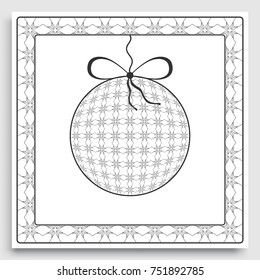 Card or Invitation template with ornate Christmas ball and frame border pattern. New Year decoration. Cut out paper card, abstract geometric decorative background, line pattern.