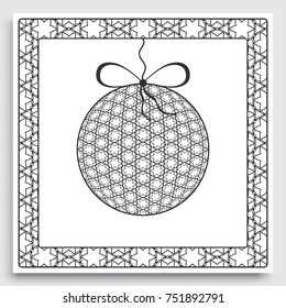 Card or Invitation template with ornate Christmas ball and frame border pattern. New Year decoration. Cut out paper card, abstract geometric decorative background, line pattern.