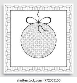 Card or Invitation template with ornate Christmas ball and frame border pattern. New Year decoration. Cut out paper card, abstract geometric decorative background, line pattern.
