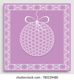 Card or Invitation template with ornate Christmas ball and frame border pattern. New Year decoration. Cut out paper card, abstract geometric decorative background, line pattern.