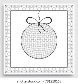 Card or Invitation template with ornate Christmas ball and frame border pattern. New Year decoration. Cut out paper card, abstract geometric decorative background, line pattern.