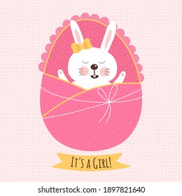 Card or invitation template with rabbit. Cartoon style. It's a girl!